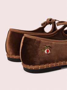 CUCCOO DOLLMOD Women's Shoes Classic Brown Flower Embroidery Velvet Bow Flats Mary Jane - dark brown - View 4