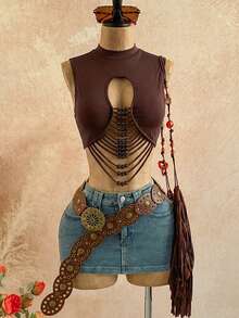 Soleia 春夏新款休闲度假西部海滩婚礼宾客着装毕业早午餐圣帕特里克节春假复活节音乐节优雅波西米亚热带露背串珠流苏仿珍珠装饰设计吊带背心，适合情人节派对 - 咖啡棕 - 查看 6