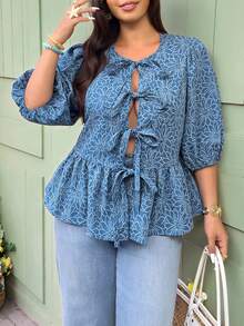 Vionelle 大码春夏系带休闲度假优雅衬衫 - 藍色 - 查看 1