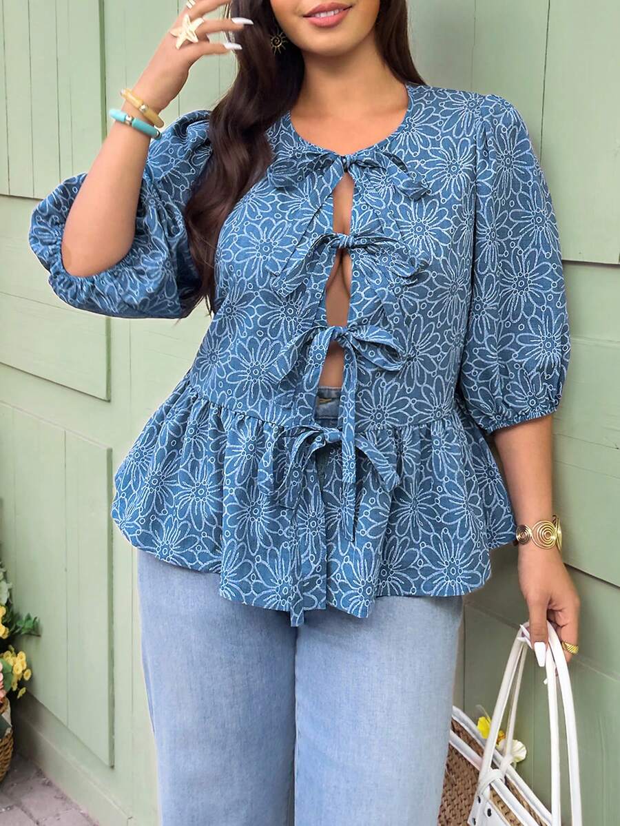 Vionelle 大码春夏系带休闲度假优雅衬衫 - 藍色 - 查看 1