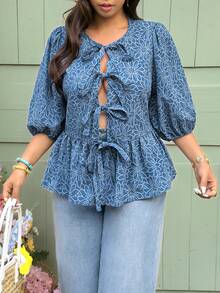 Vionelle 大码春夏系带休闲度假优雅衬衫 - 藍色 - 查看 4