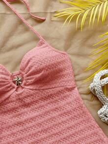 Soleia 性感V领海星金属装饰系带露背纹理面料A字迷你连衣裙，适合假日、约会、下午茶、度假、音乐节、波西米亚风等场合。 - 粉色 - 查看 6