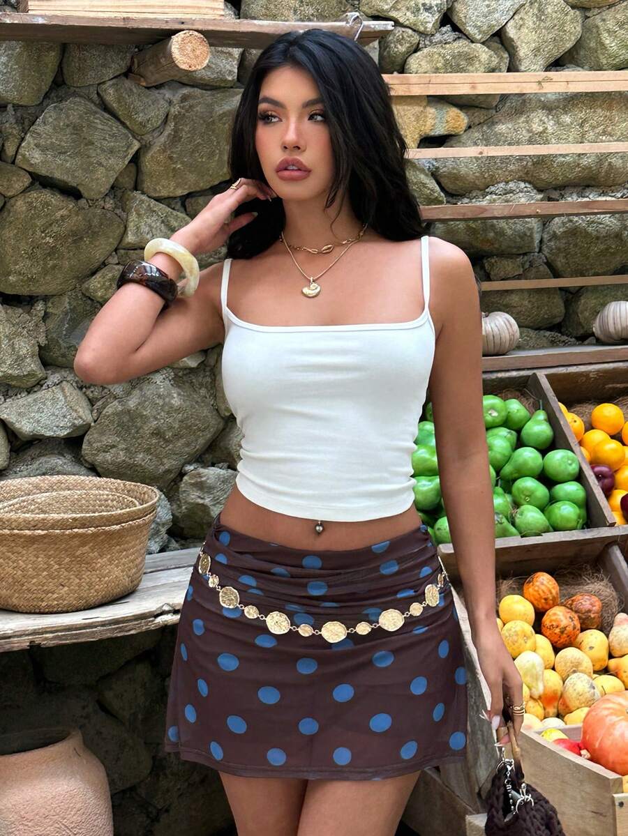 Aloruh 女士休闲低腰蓝棕色波点印花迷你裙 - 彩色 - 查看 1