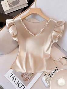 GlowEve Women's V-Neck Bubble Bead Ruffle Hem Sleeveless Casual Satin Fitted T-Shirt, Spring/Summer - Champagne - View 4