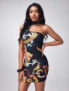Shutterstock Y2Kool Women's Dragon Print Halter Neck Sexy Mini Dress - Multicolor - View 5