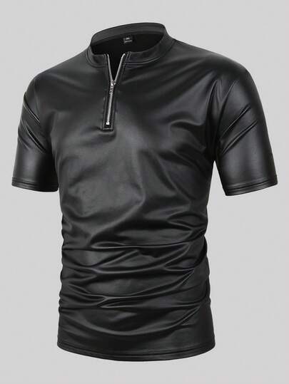 Manfinity AFTRDRK Men's Solid Color Zip-Up Half Placket Short Sleeve PU Leather T-Shirt