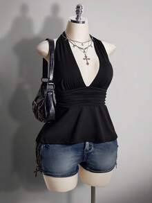 SHEIN ICON Áo camisole chấm bi hở lưng cổ chữ V eo thon dáng chữ A cỡ lớn, áo camisole chấm bi hở lưng kiểu retro Y2K, áo babydoll chấm bi hở lưng. - màu đen - Xem 8
