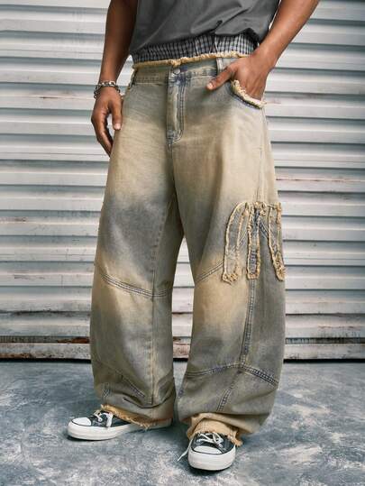 Modcrash Jeans de pierna ancha y ajuste holgado desgastados, jeans rectos holgados de estilo hip hop para hombres