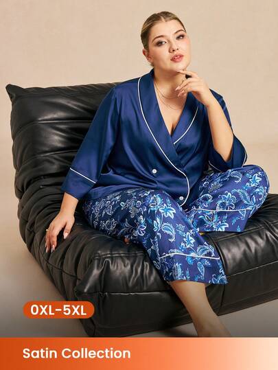 LUVLETTE Plus Size Stylish Navy Pajama Set - Double-Breasted Satin Top & Blue Floral Wide-Leg Pants Fashionable Sleepwear Set