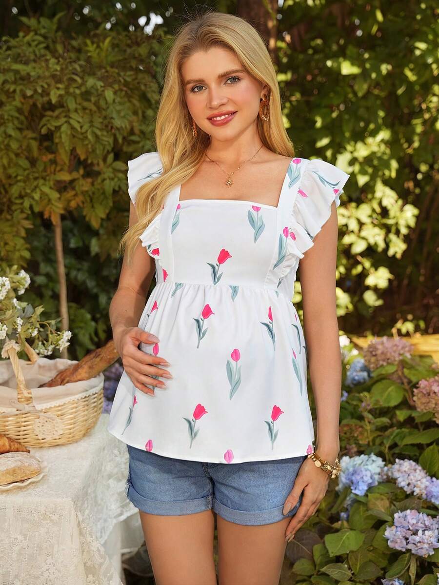 SHEIN 孕妇休闲复古方领短袖衬衫 - 彩色 - 查看 1