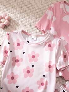 女童紫色花卉印花和冰淇淋印花全印花短袖短裤两件套睡衣 - 彩色 - 查看 5