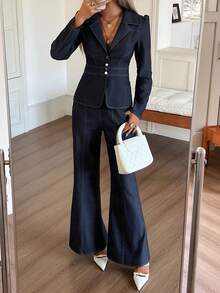 DAZY 女士春季休闲翻领花瓣袖露脐上衣和宽松长裤两件套 - 藏蓝色 - 查看 3