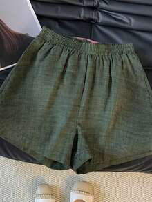 Resyla 女士亚麻质感V领无袖背心+短裤套装，休闲度假日常穿着，春夏款 - 綠色 - 查看 5