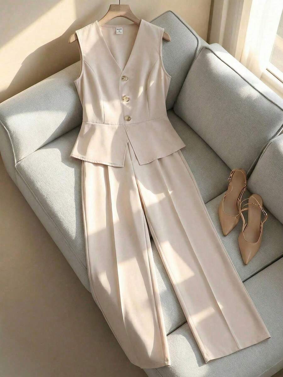 Conjunto formal de top sin mangas de apertura frontal + pantalones rectos holgados de unicolor tejido para niñas adolescentes, elegante para ir a la escuela o eventos - Caqui - Ver 1