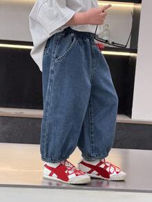 DAZY 男童休闲口袋纽扣牛仔裤，百搭日常穿着 - 中等水洗藍 - 查看 6