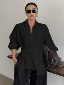 Livesso Curve Plus Size Women White Turndown Collar Half-Placket Drawstring Hem Long Sleeve Shirt, Spring & Autumn Summer - Black - View 5