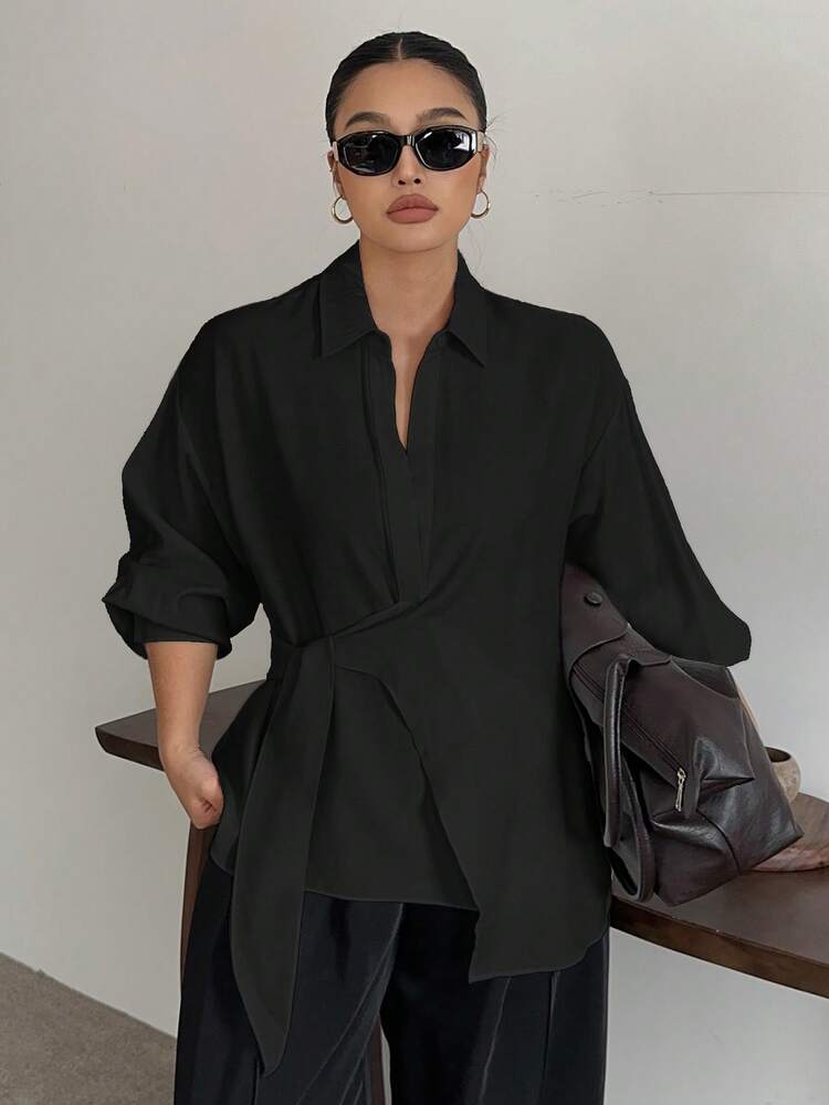 Dazy Plus Plus Size Women White Turndown Collar Half-Placket Drawstring Hem Long Sleeve Shirt, Spring & Autumn Summer