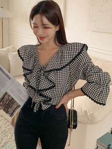 DAZY 少女春秋季法式优雅度假风印花荷叶边袖结饰领衬衫 - 黑色 - 查看 6