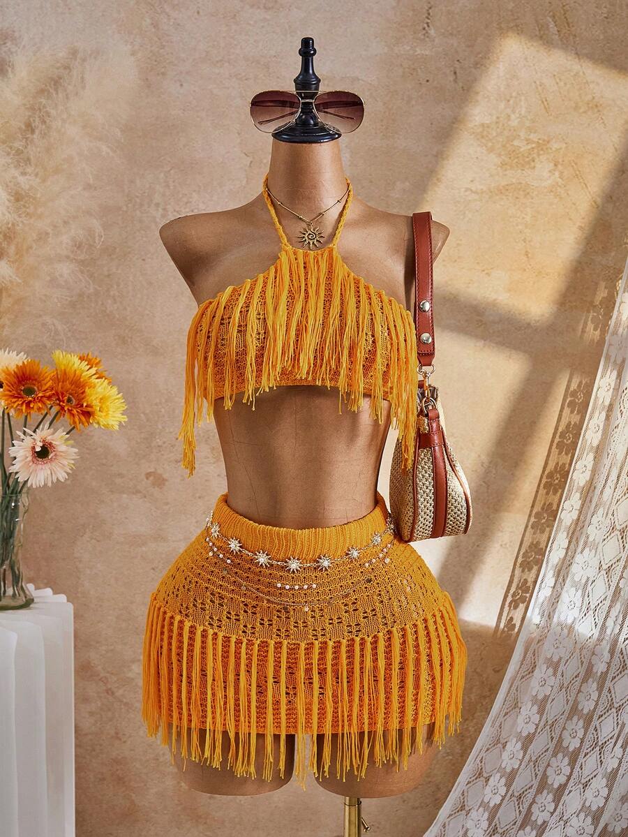 Slaydiva 26SS Spring/Summer Vacation Beach Sexy Yellow Halter Two Pieces Set With Tassels - Yellow - View 1