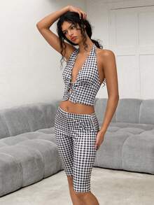 Sweetina Women's Plaid Print Halter Tie Top And Elastic Waist Pants 2 Pieces Set - Multicolor - View 4