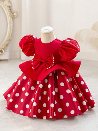 Glamorique Kids Infant & Toddler Petal Sleeve Satin Polka Dot Princess Dress