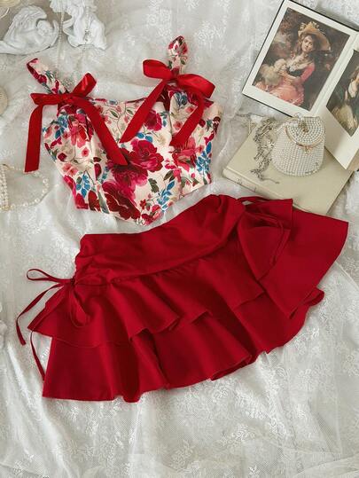Lyrianda Bow Tie Camisole Waist Slimming Elegant Vintage Precise Summer New Dress, Sexy Red Romantic Birthday Cake Mini Skirt 2-Piece Set For Women