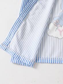 SHEIN Tween Girl Casual Striped Shirt & Pants T-Shirt Set, Suitable For Vacation, Outing, School, Ins Style - Blue - View 5