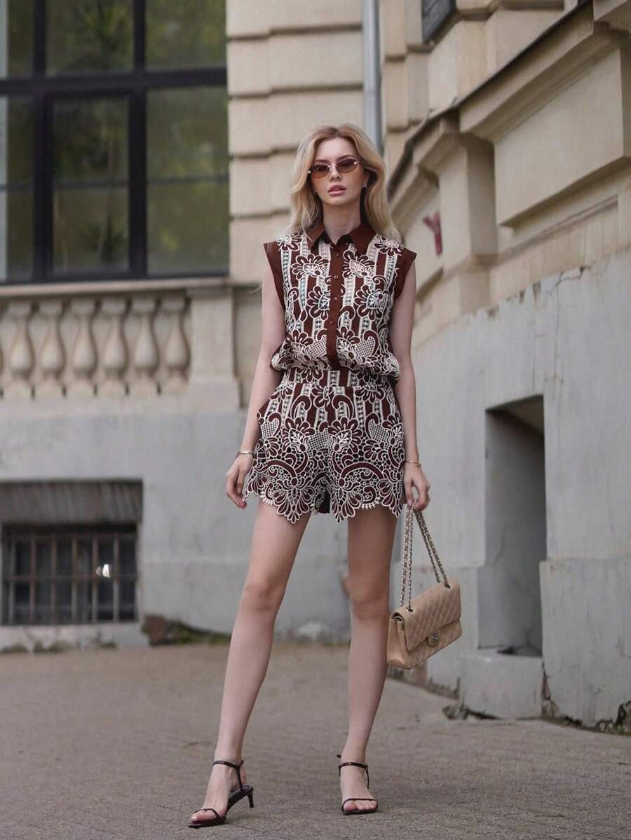 ORNATELLA 优雅低端老款别致精致重工刺绣蕾丝套装，夏季 - 棕色 - 查看 1