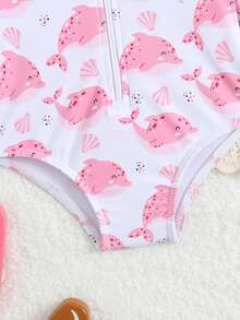 新生儿泳衣，海星印花，针织面料，荷叶边装饰，连体式，附赠帽子，适合女宝宝，时尚休闲优雅，适合游泳、度假和夏季穿着。 - 彩色 - 查看 4