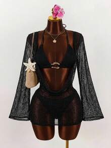 Amplova 3件套女士性感挂脖比基尼套装 - 上衣、下装和罩衫 - 黑色 - 查看 16