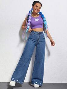 SHEIN EZwear 休闲水洗做旧高腰阔腿牛仔裤 - 中等水洗藍 - 查看 4