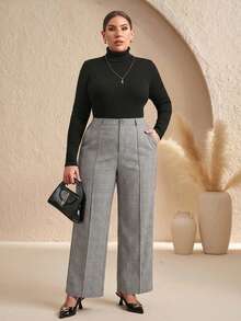 Chikora Plus Size Casual Commuter Plaid High-Waist Suit Pants - Black and White - View 2