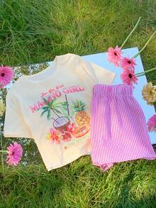 2 piezas Conjunto de ropa de casa casual de vacaciones, con motivos de fruta, árbol de coco, piña y de isla, con top de manga corta y shorts cómodos - Multicolor - Ver 8