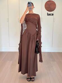 Siren Gaze 女士优雅撞色蕾丝腰身连衣裙，棕色，度假风，秋冬款 - 棕色 - 查看 1