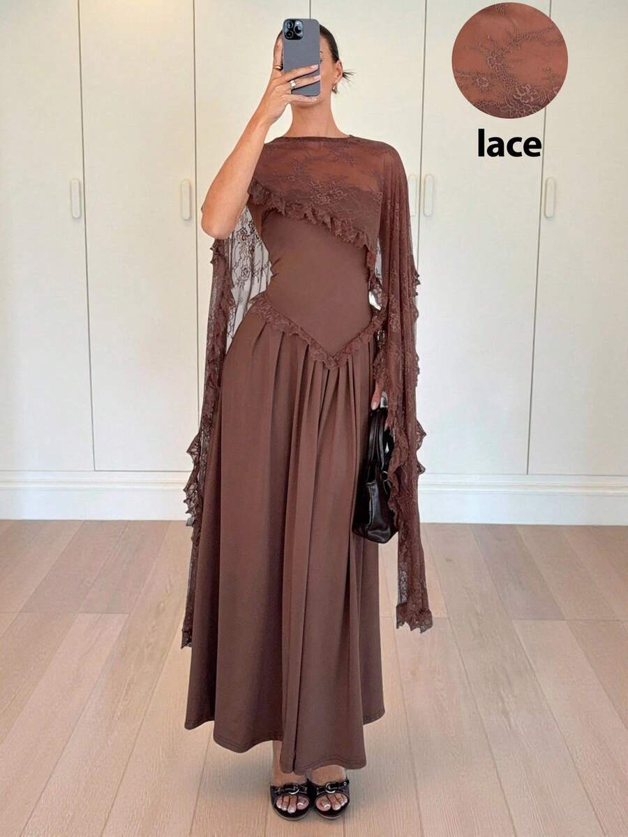 Siren Gaze 女士优雅撞色蕾丝腰身连衣裙，棕色，度假风，秋冬款 - 棕色 - 查看 1