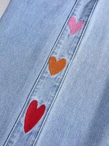 GlowEve 女士心形刺绣松紧腰斜插口袋休闲阔腿牛仔裤 - 藍色 - 查看 5