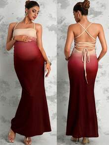MaterniChic Vestido de tirantes ajustado con bajo de cola de pez degradado para maternidad - Rosa - Ver 7