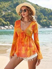 SHEIN VCAY Vacation V-Neck Allover Print Twist Front Long Sleeve Blouse For Women - Orange - View 4