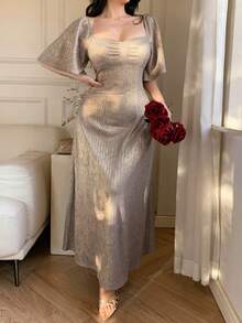 DAZY Đầm nữ thanh lịch màu trơn, tay bồng, dáng lửng, thích hợp mùa hè, dự tiệc cưới, đầm hè cho nữ. - Màu be - Xem 3