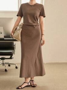 Dazy-Less 女士商务/休闲修身长裙，舒适中长款，春夏连衣裙 - 棕色 - 查看 7
