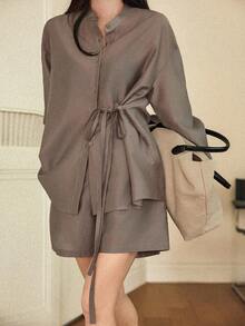 Dazy-Less 女士休闲系带前开襟衬衫和短裤两件套，秋季款 - 灰色 - 查看 7