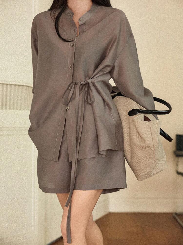 Women's Casual Lace-Up Front Button Down Shirt And Shorts 2 Pieces Set, Autumn Business Casual Woman Lounge Sets For Women
