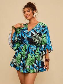 Travachic Mono de mujer talla grande con estampado de plantas tropicales, volantes y mangas acampanadas, informal para vacaciones - Verde - Ver 3