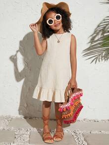 SHEIN Đầm dệt kim không tay màu trơn, phong cách thường ngày cho bé gái, thích hợp đi nghỉ mát. - Màu be - Xem 4