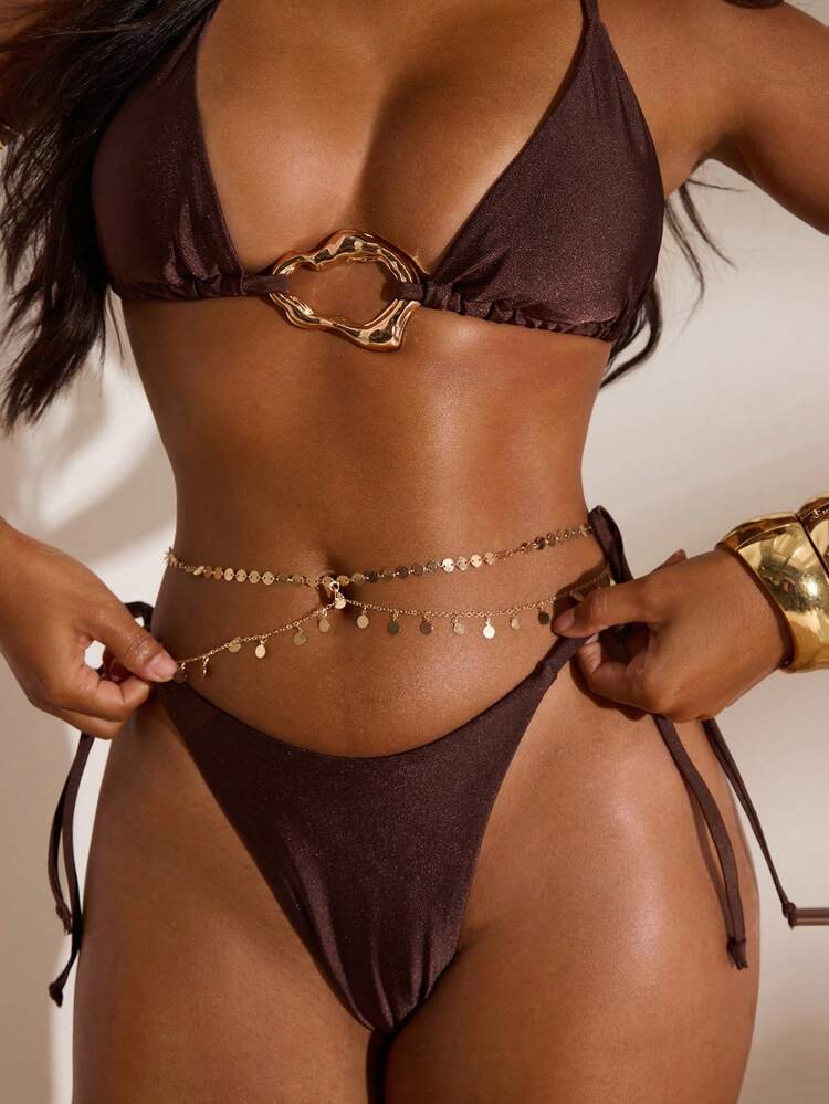 Bộ bikini hai mảnh cổ yếm màu trơn dành cho nữ, trang phục đi nghỉ mát mùa xuân hè, đồ bơi thanh lịch. - Cà phê nâu - Xem 4