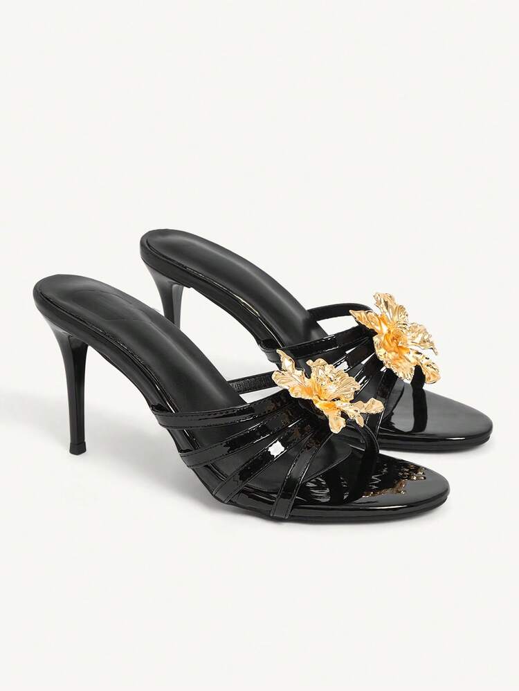 CUCCOO CHICEST Black Stiletto High Heel Sandals With Gold Metal 3D Flower Decor, Sexy Open Toe Heels For Women Wedding Shoes Spring Shoes Bride Shoes