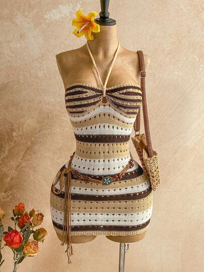 Soleia 女士时尚度假沙滩撞色条纹露背紧身迷你针织连衣裙