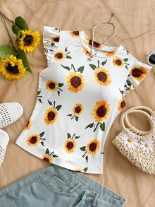 SHEIN WYWH Women's Floral Print Round Neck Ruffle Hem Casual T-Shirt, Summer Vacation,Summer - Multicolor - View 3