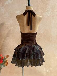 Soleia 秋冬复古斑马纹扎染V领抽绳网纱褶皱浪漫假日连衣裙/迷你裙（女款） - 彩色 - 查看 2