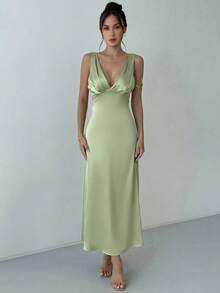 Aloruh 露背深V领鱼尾绿色缎面连衣裙 - 綠色 - 查看 7
